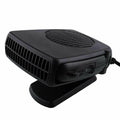 Portable 12V/24V car heater fan, black ABS, windscreen demister defroster with 360-degree rotation, compact size 13 x 11 x 4 cm.