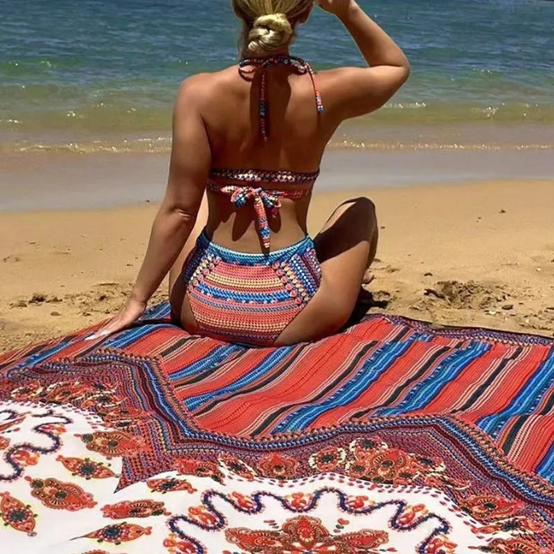 Women's three-piece swimsuit set showing high-waist briefs, sleeveless cutout blouse, and matching coat in picture colour