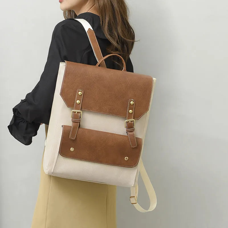 Korean style retro simple backpack in creamy white colour showing front view with zipper details