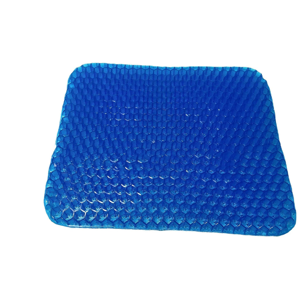 Gel seat cushion with honeycomb pattern and removable blue PVC cover for pressure relief.