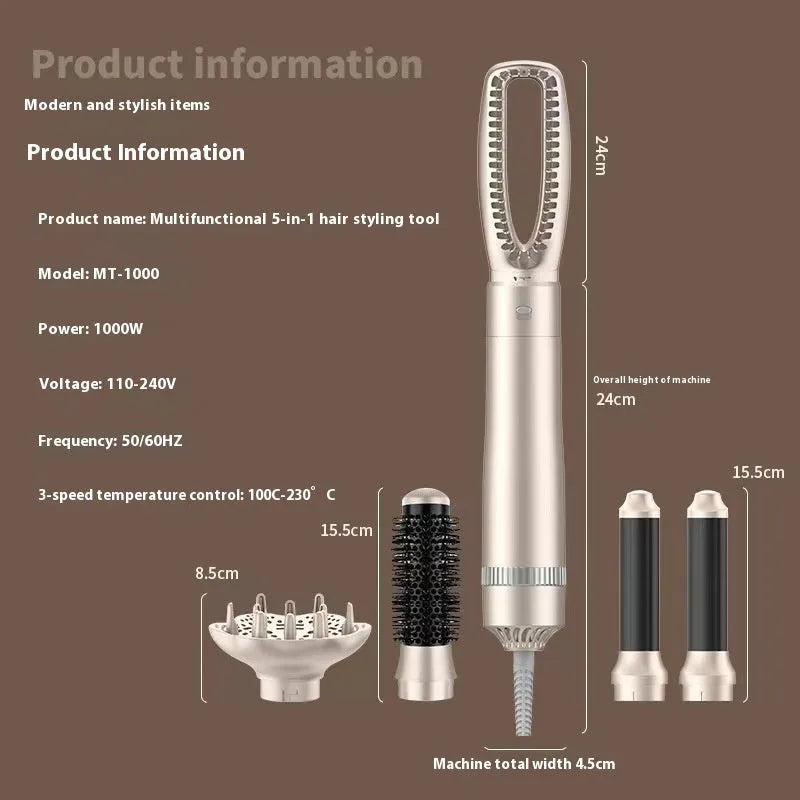 Champagne gold five-in-one hot air comb hair curler and straightener with comb styling attachments