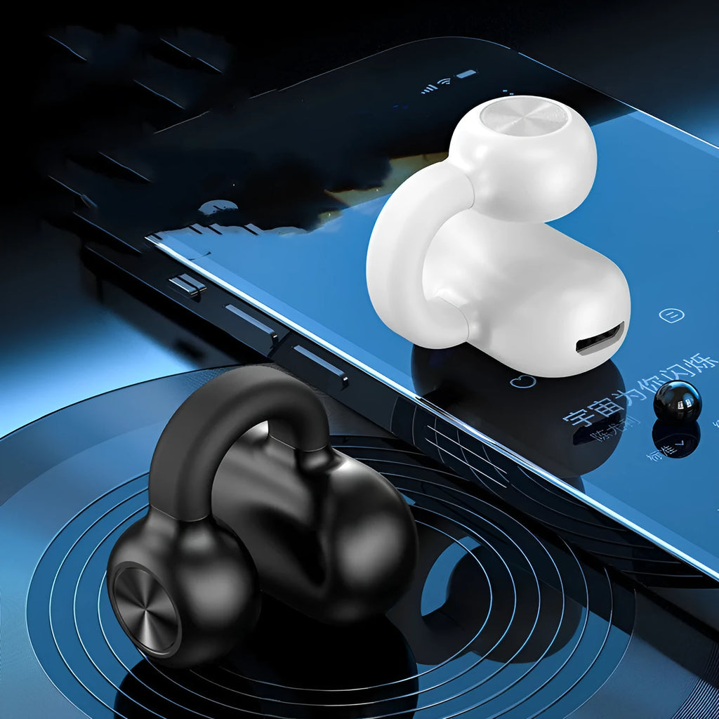 Black wireless Bluetooth clip-on headset with bone conduction technology on a white background.