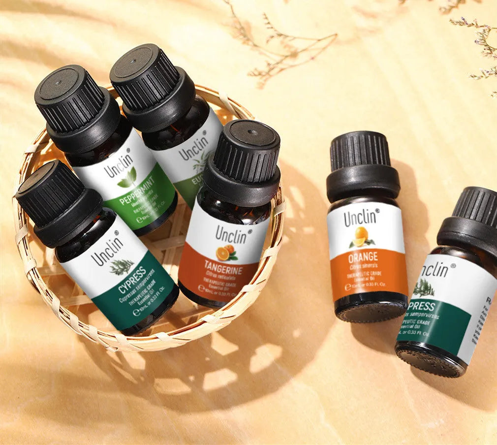 Six piece aromatherapy essential oil set 10ml each with sweet orange eucalyptus mint tangerine cypress anise in box