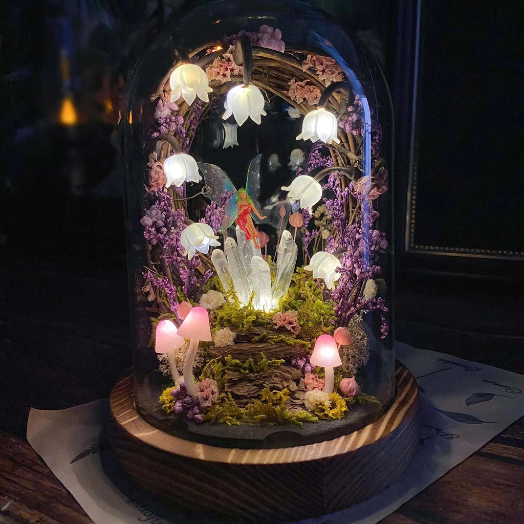 Handmade mushroom small night lamp with cylindrical glass cover and built-in battery