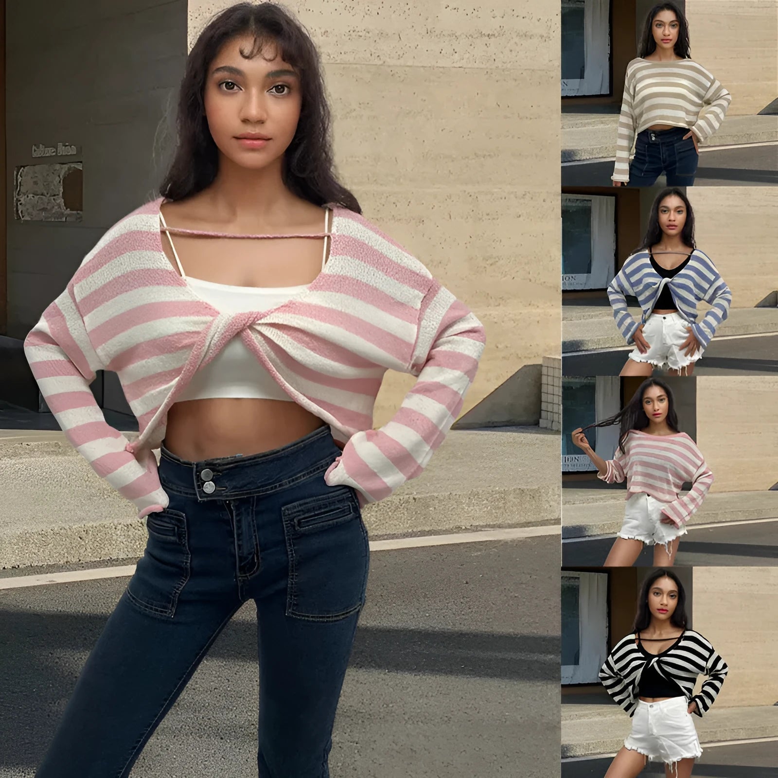 Striped long-sleeved pullover sweater in mercerized cotton shown in multiple colours with front and back wearable design.