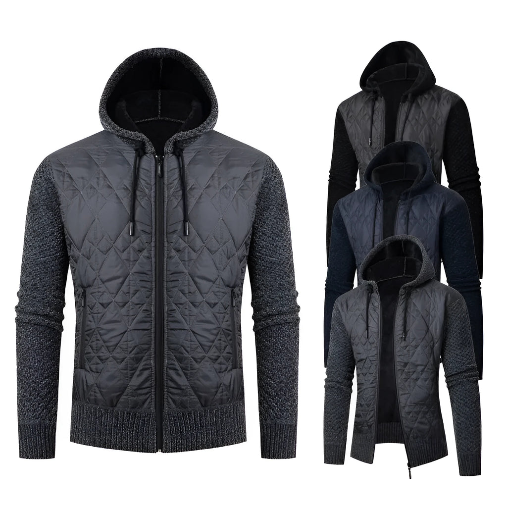 Men's grey hooded sweater coat in wool corduroy with cinched cardigan design for winter wear