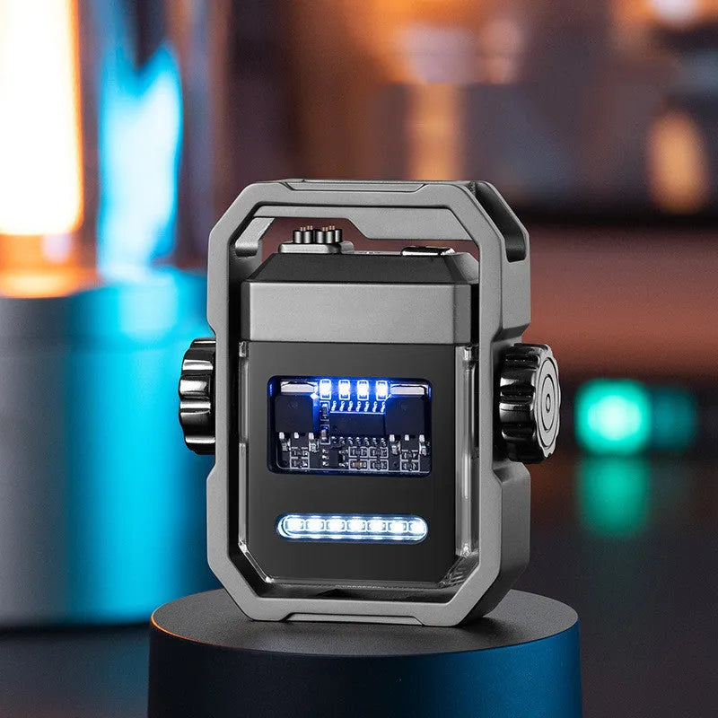 Blue Pulse X12 electric lighter with windproof double arc and a visible mechanical gyroscope, folded for storage.