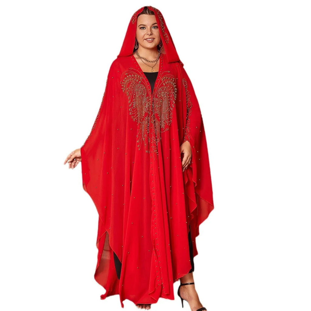 Purple Muslim style chiffon cape with rhinestone bead detailing, shown draped at 135-175cm length