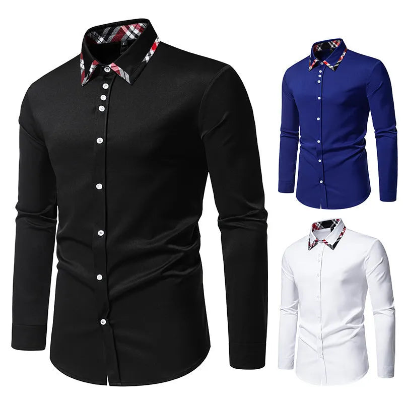 Men's plaid long sleeve shirt with triangle collar in blue, black or white colour options