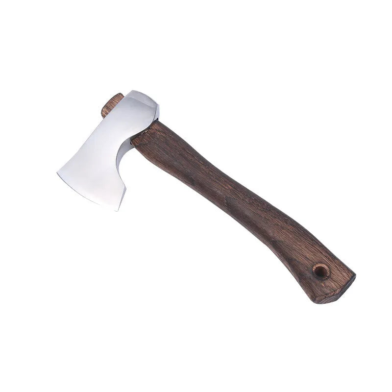 Camping axe with wooden handle and high-carbon steel blade on a neutral background
