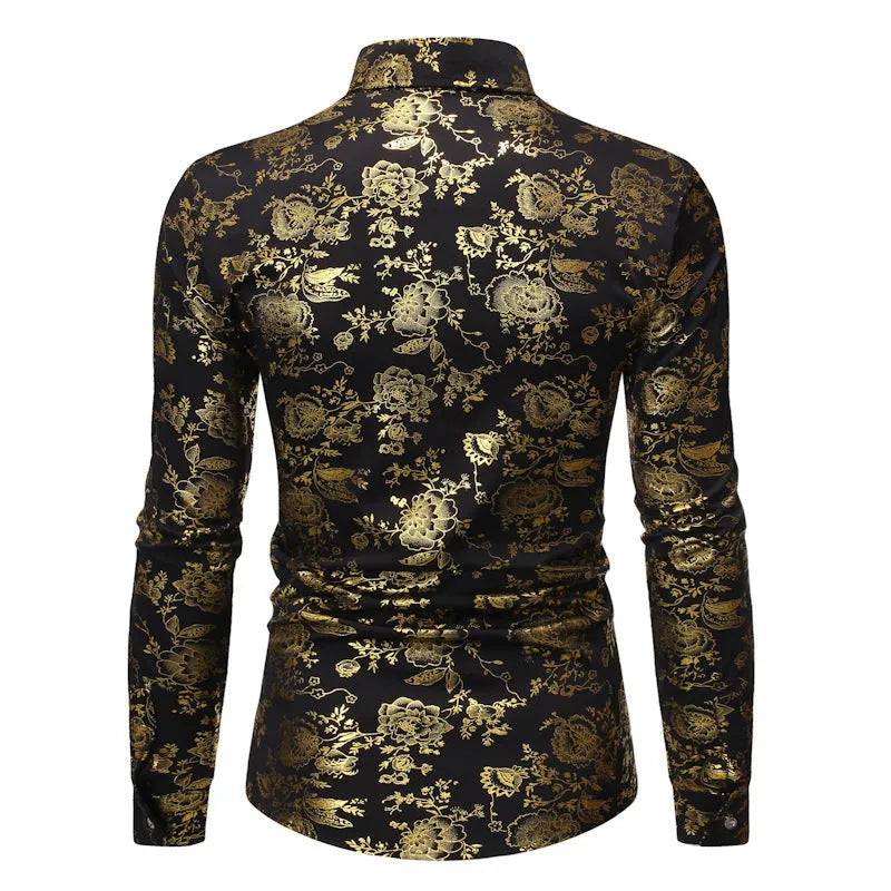 Men's metal bronzing printed lapel shirt cardigan in wine red colour with regular fit