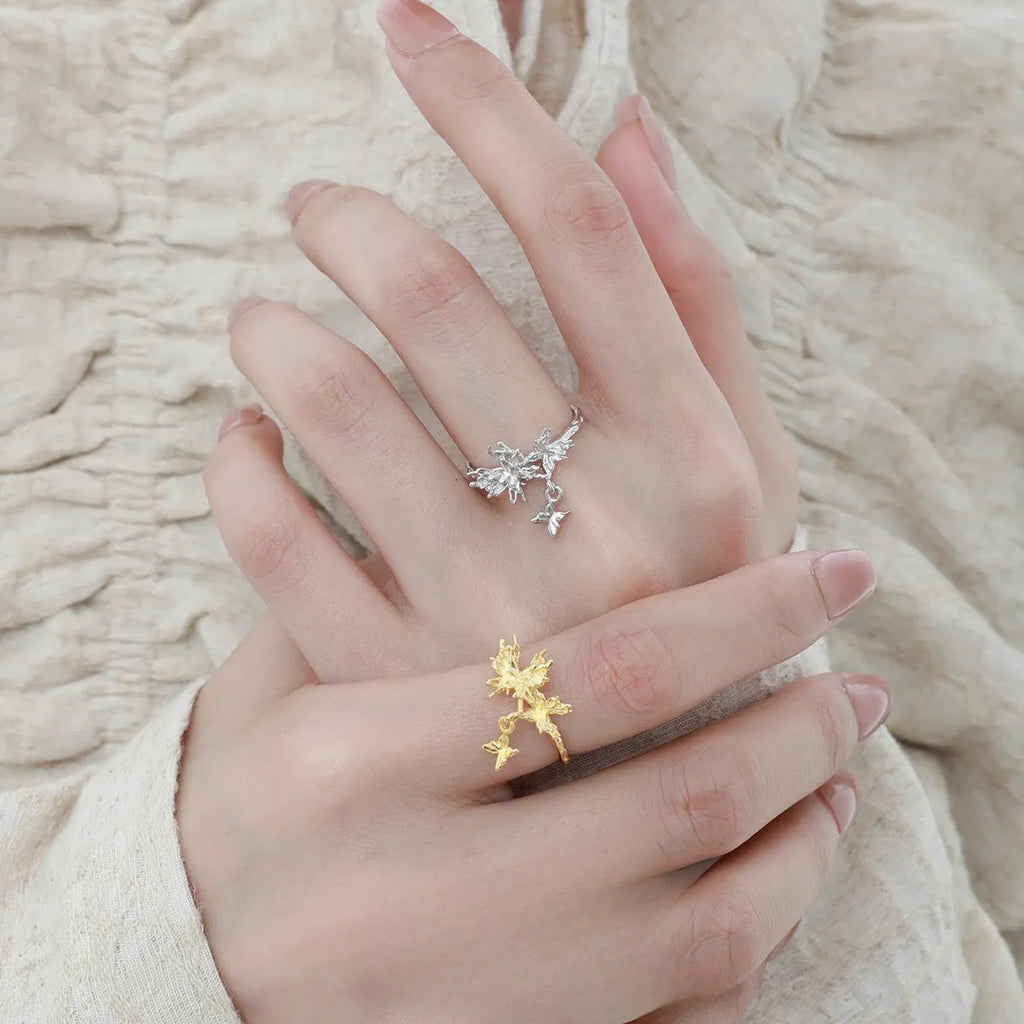 Adjustable opening silver butterfly ring with electroplated finish in white gold or 18K gold colour options
