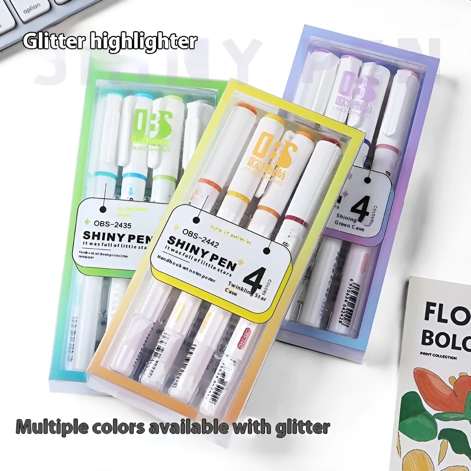Four sparkling star river pastel highlighter pens with glitter ink and slanted tips on a white background