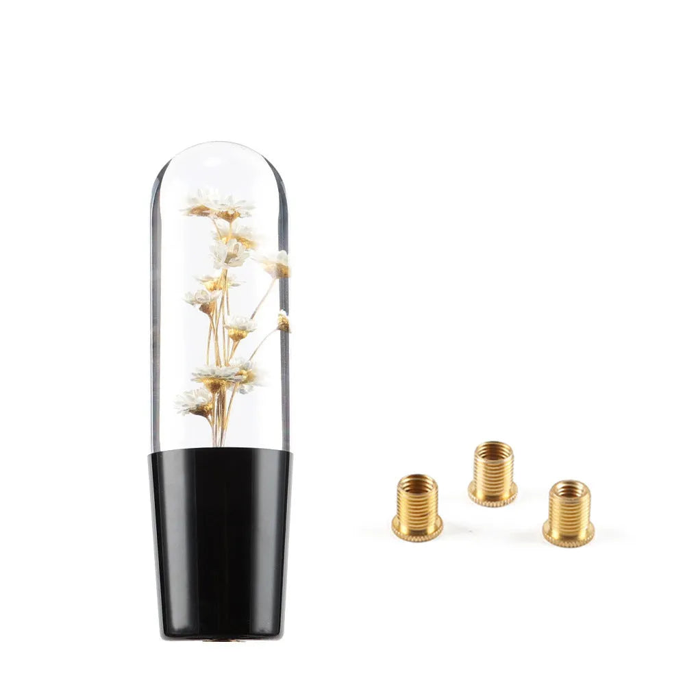 JDM crystal car gear knob with flower-in-water design, 15cm long, shown with three fitting adapters