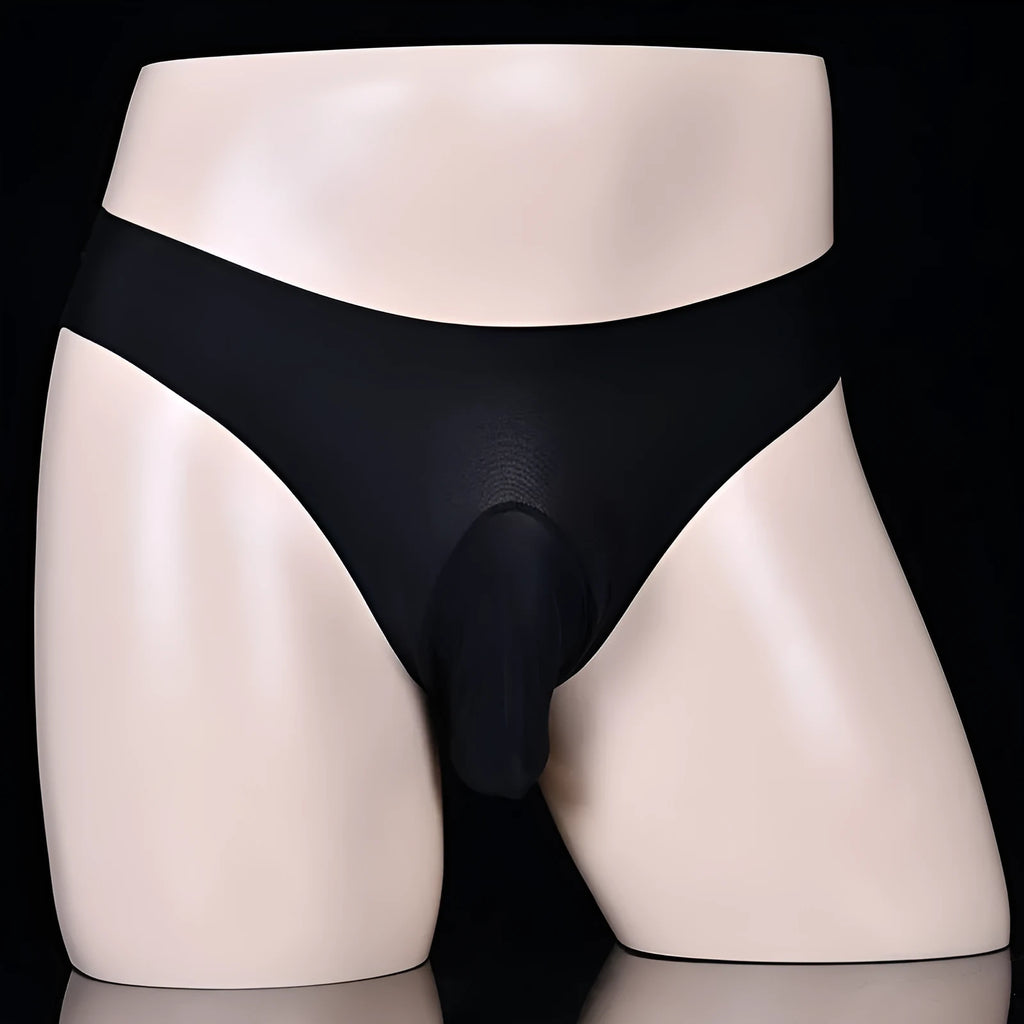 Ice silk men's underwear briefs in open gun egg and T-back styles showing solid colour options