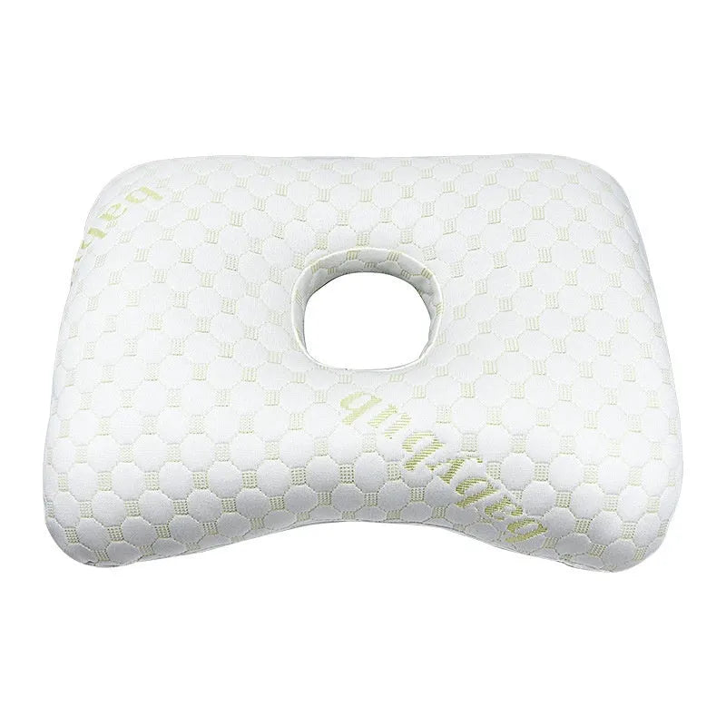 Single-hole ear pillow in plaid grey with detachable cover, shown with dimensions 39cm by 28cm.