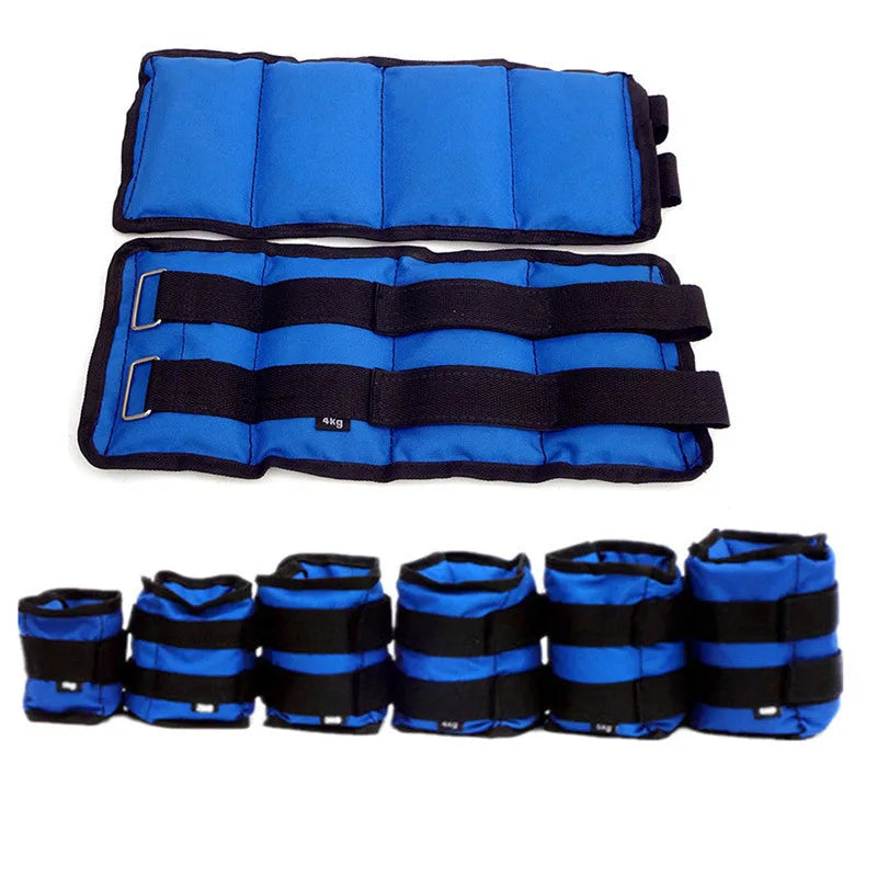 A pair of Oxford cloth legging sandbags for running and athletic training, showing weight options.