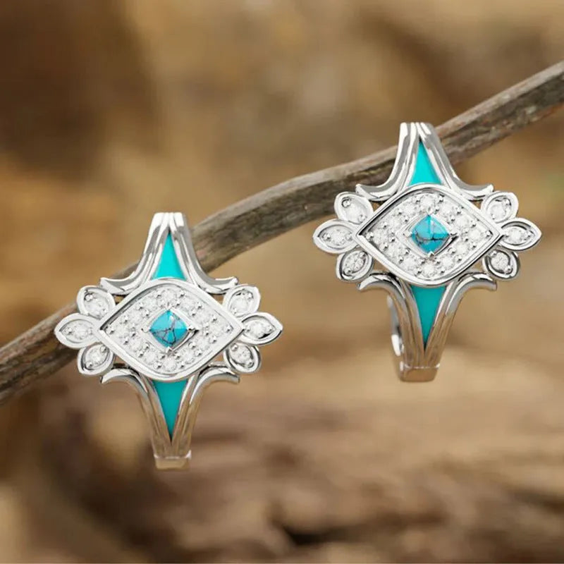 Geometric drop earrings copper inlaid zircon bohemian horse eye round ring white gold colour