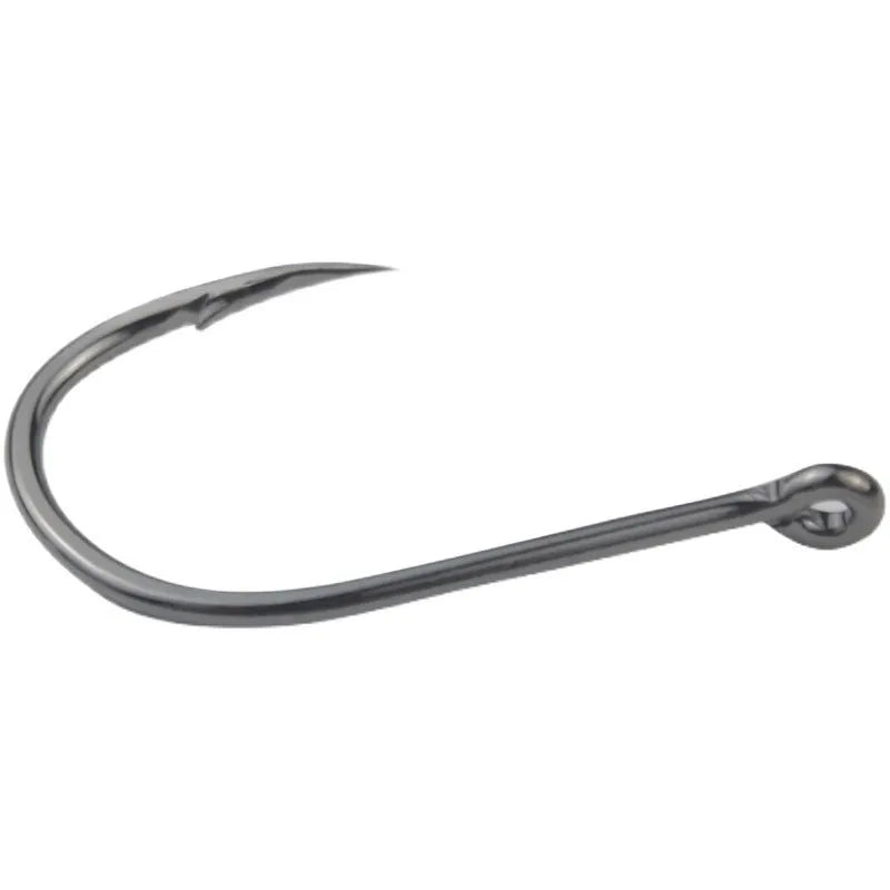 Bulk pack of barbed alloy carbon steel fishing hooks in various sizes for sea fishing.