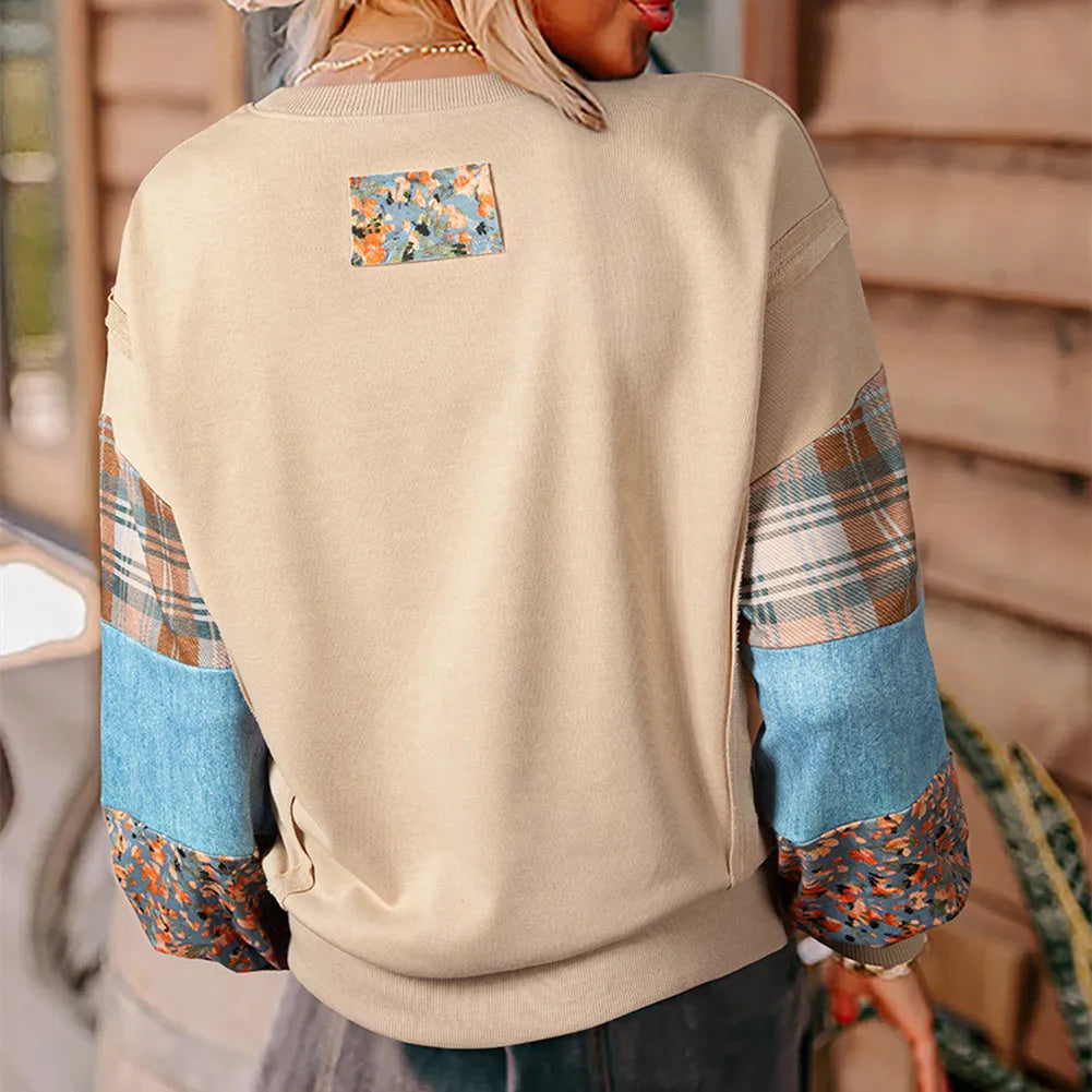 Women's plaid long-sleeved top in loose Japanese-Korean style with spliced patterns