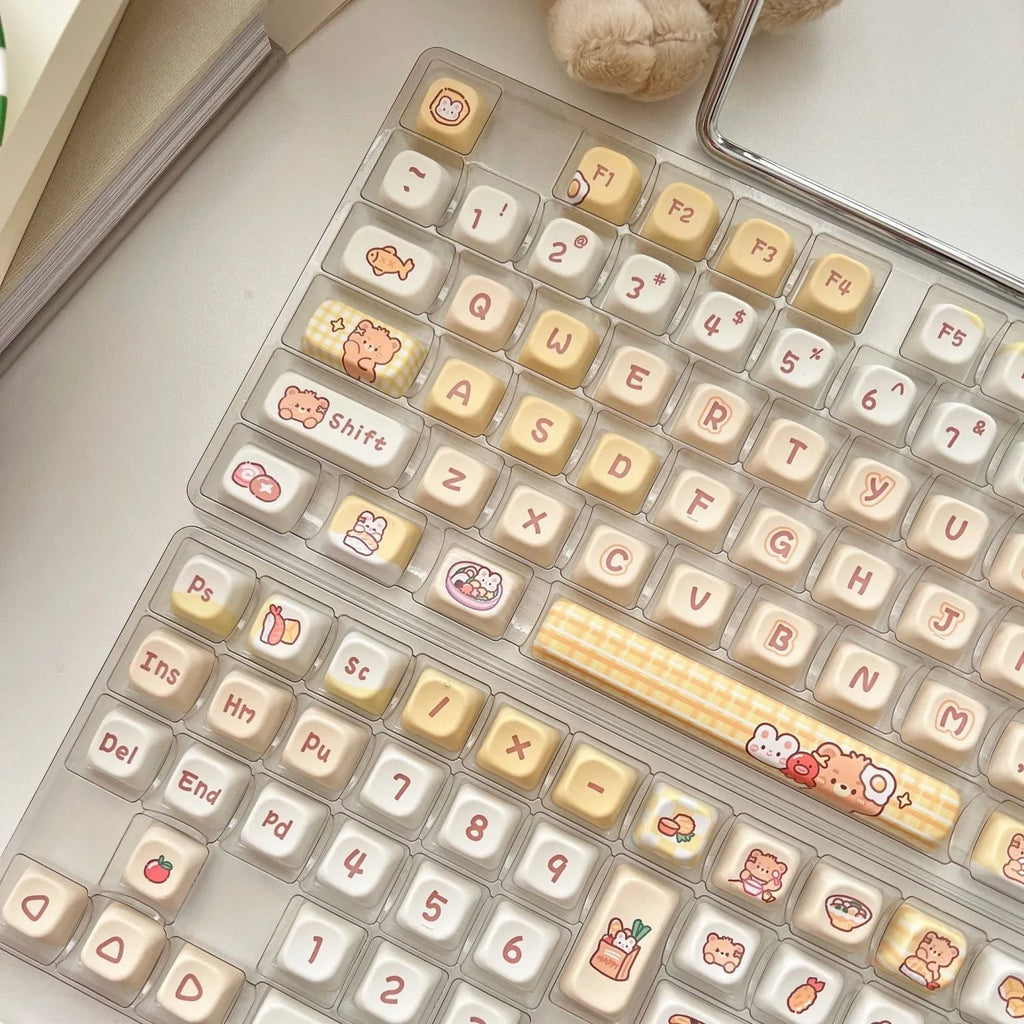 Rabbit Bear Restaurant themed PBT plastic keycaps for mechanical keyboards showing thermal sublimation printing