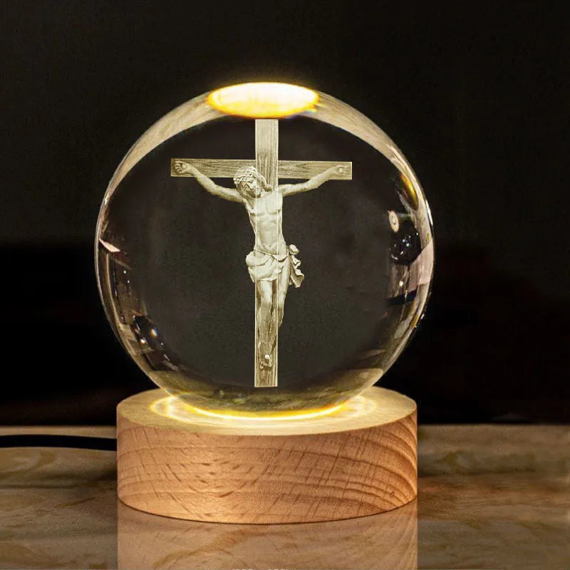 White crystal ball church desk ornament lamp with solid wood warm light base