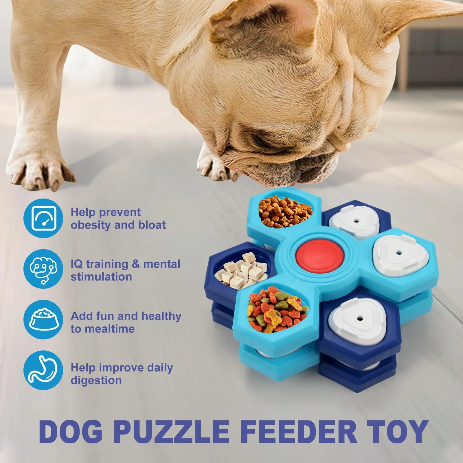 Blue 4-layer plastic puzzle slow feeder dog bowl on floor, assembled with non-slip base