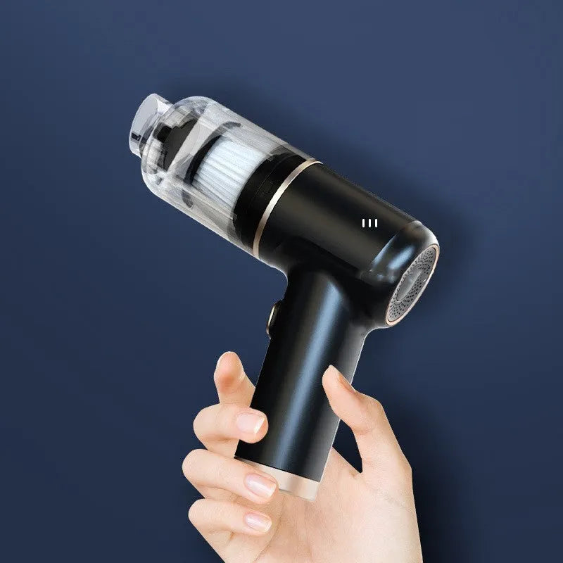 Black wireless handheld vacuum cleaner with tyre inflator and multiple nozzle attachments