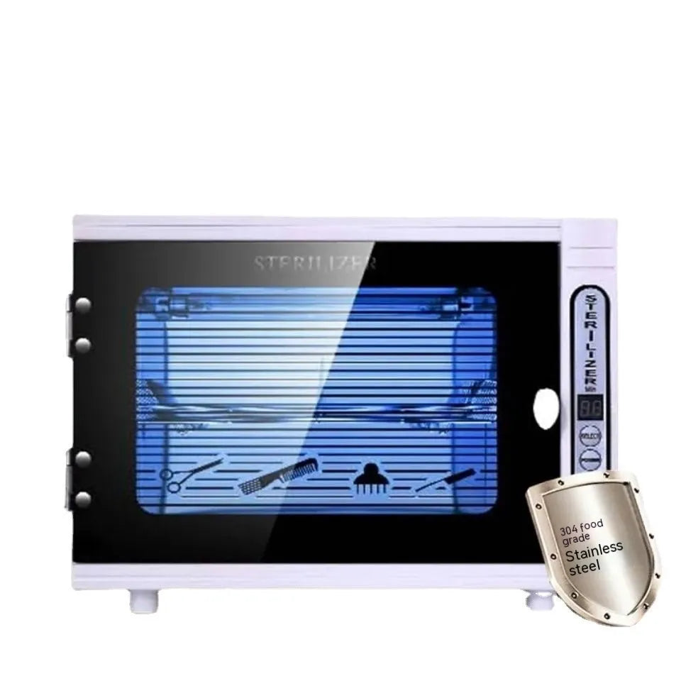 Silver portable UV steriliser machine with stainless steel interior for salon tool sanitisation
