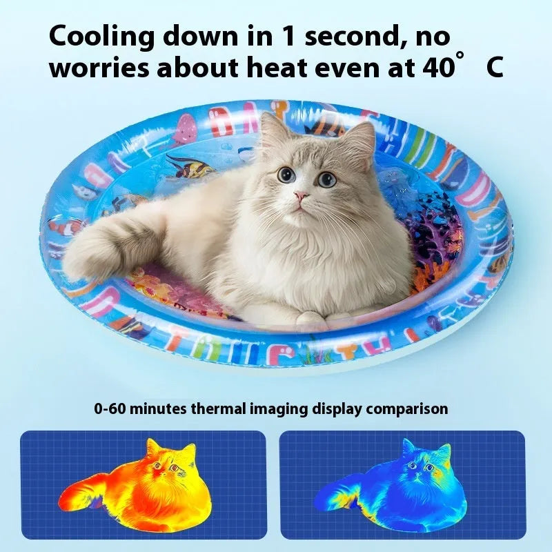 PVC inflatable water cushion pet cooling mat with shark design showing water injection valve