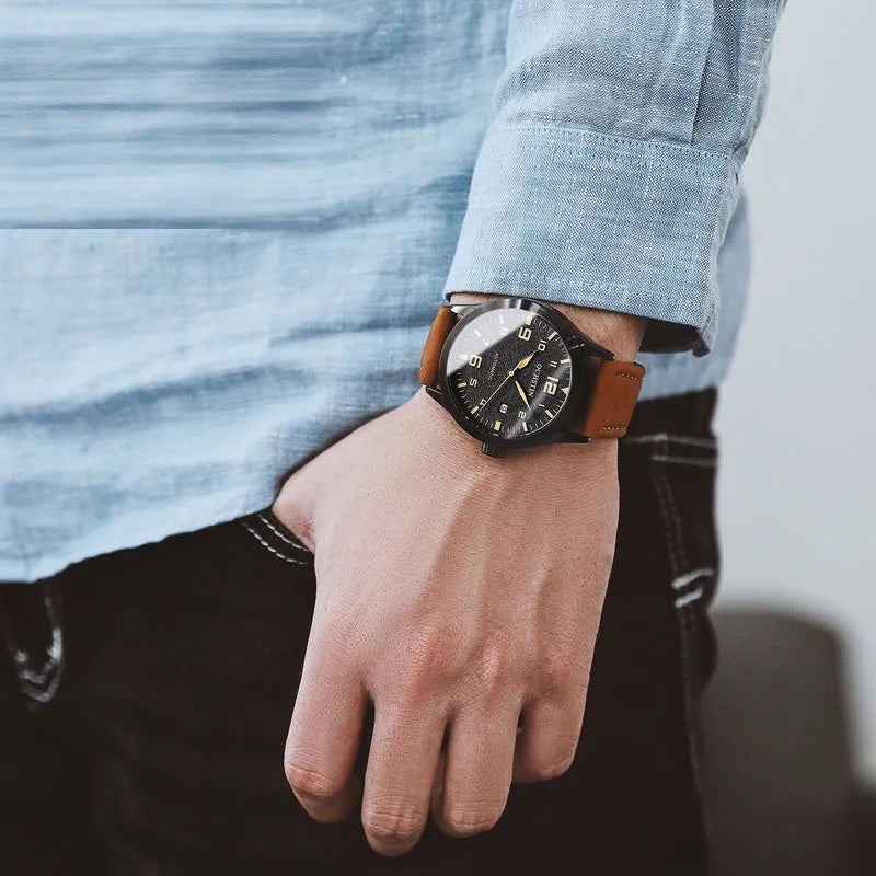 Casual business retro automatic mechanical watch with leather strap and 12mm thickness