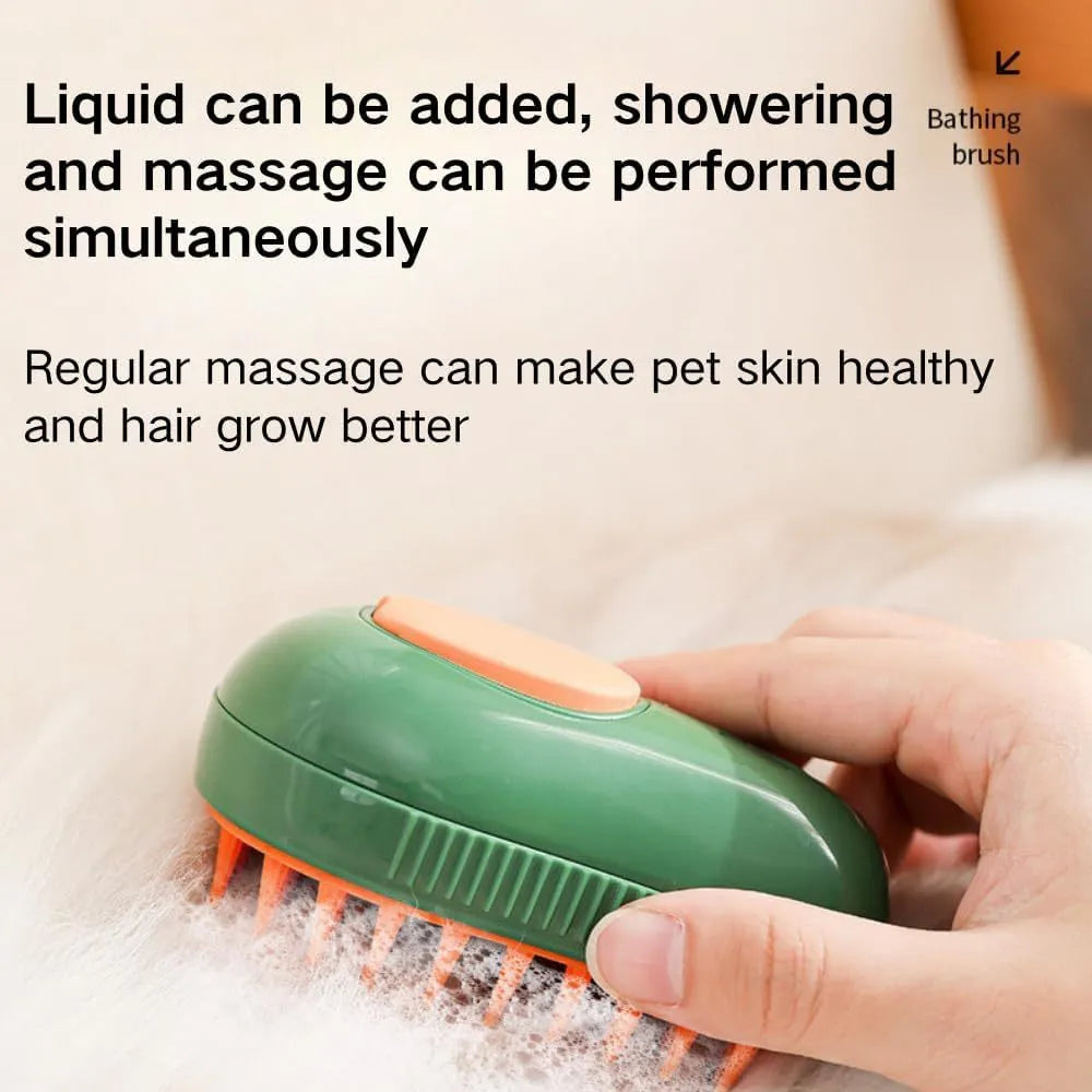 Green and white rechargeable cat steam grooming brush with silicone teeth on a wooden table.
