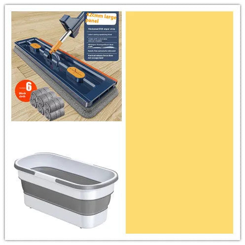 Large flat mop with stainless steel handle and blue cloth on hard floor