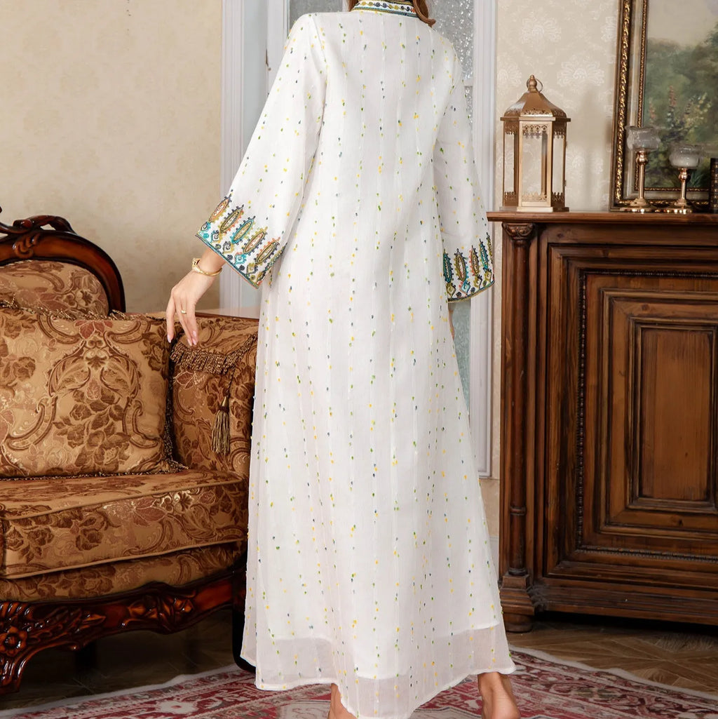 White Dubai-style Arabic robe with long sleeves and full-length skirt on hanger