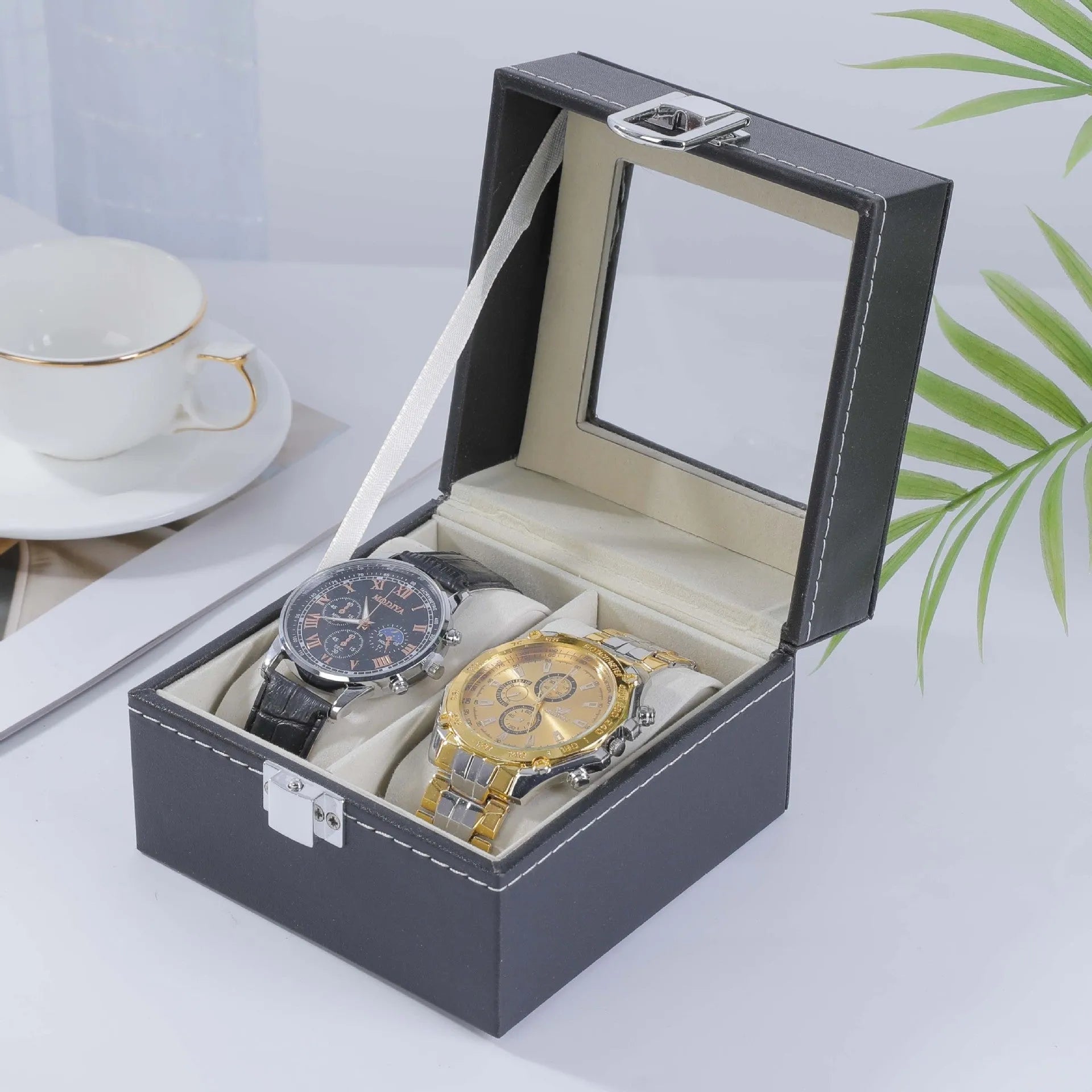 Grey high-grade leather watch storage box with a clear see-through lid showing internal compartments.