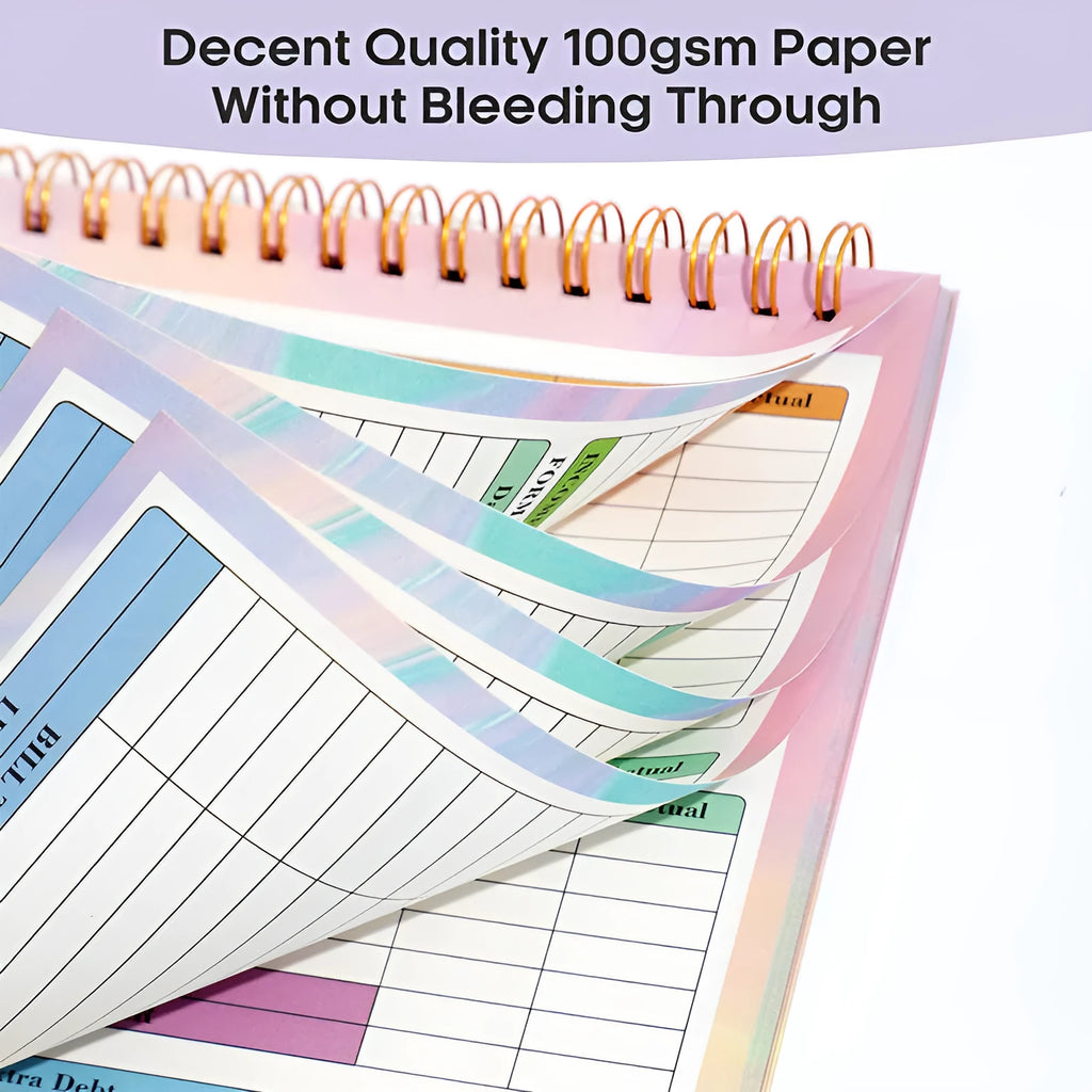 B5 spiral-bound budget tally book with PP cover open on a table, showing lined pages for income and expenditure recording.