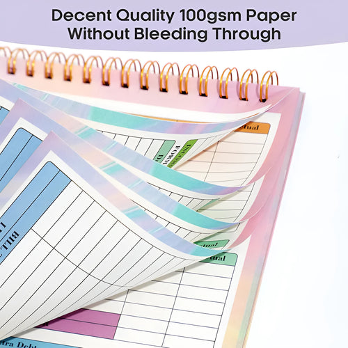 B5 spiral-bound budget tally book with PP cover open on a table, showing lined pages for income and expenditure recording.