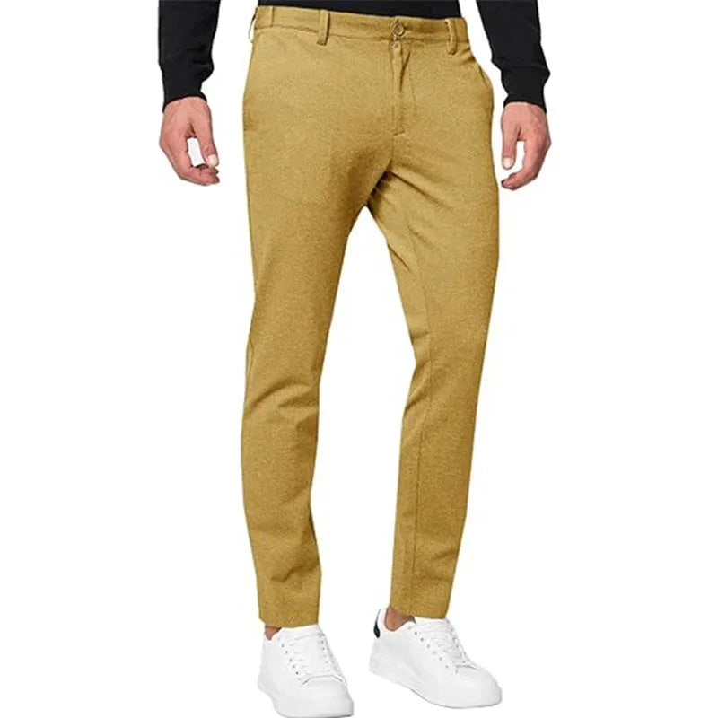 Men's tapered slim-fit chino trousers in army green with stretch fabric and mid-waist design