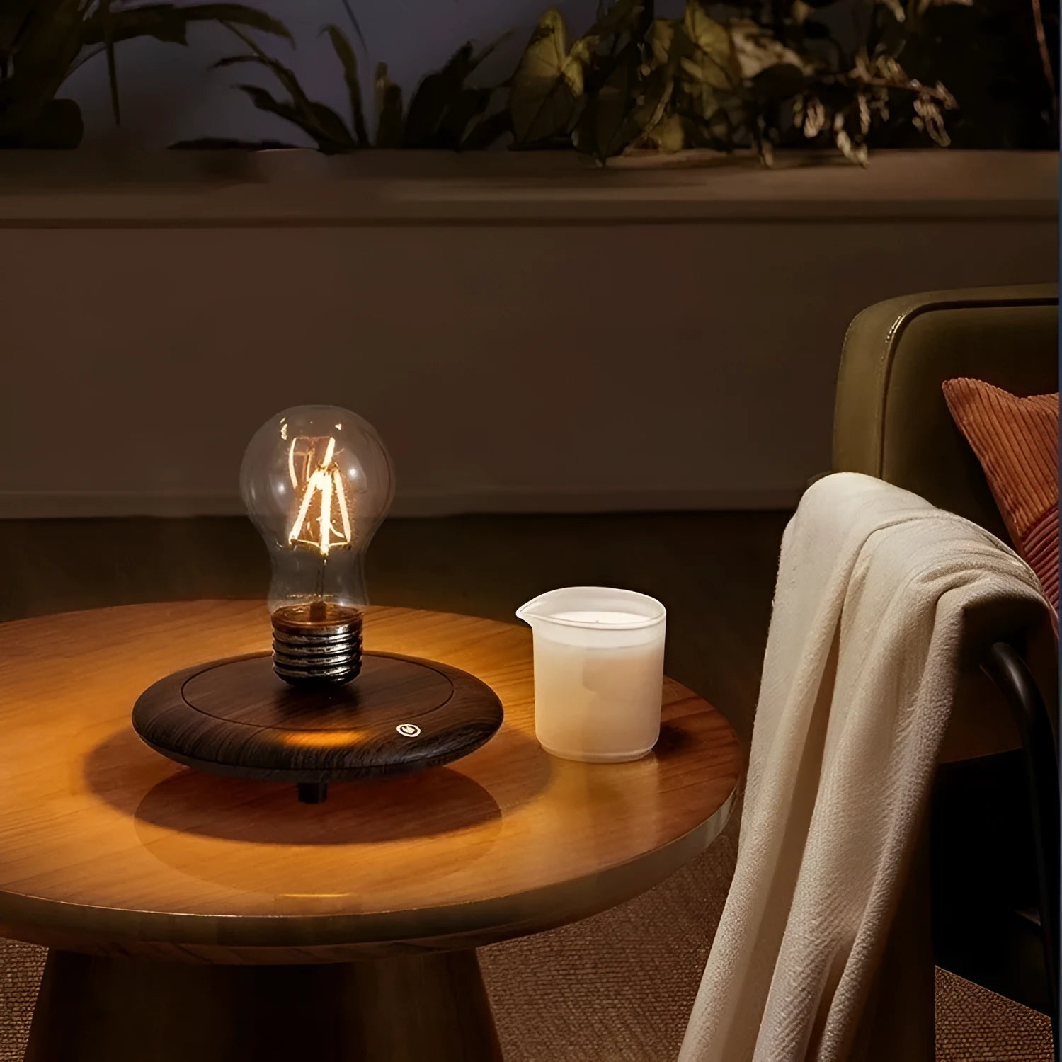 Iron art suspension bulb night lamp on a black wood grain base