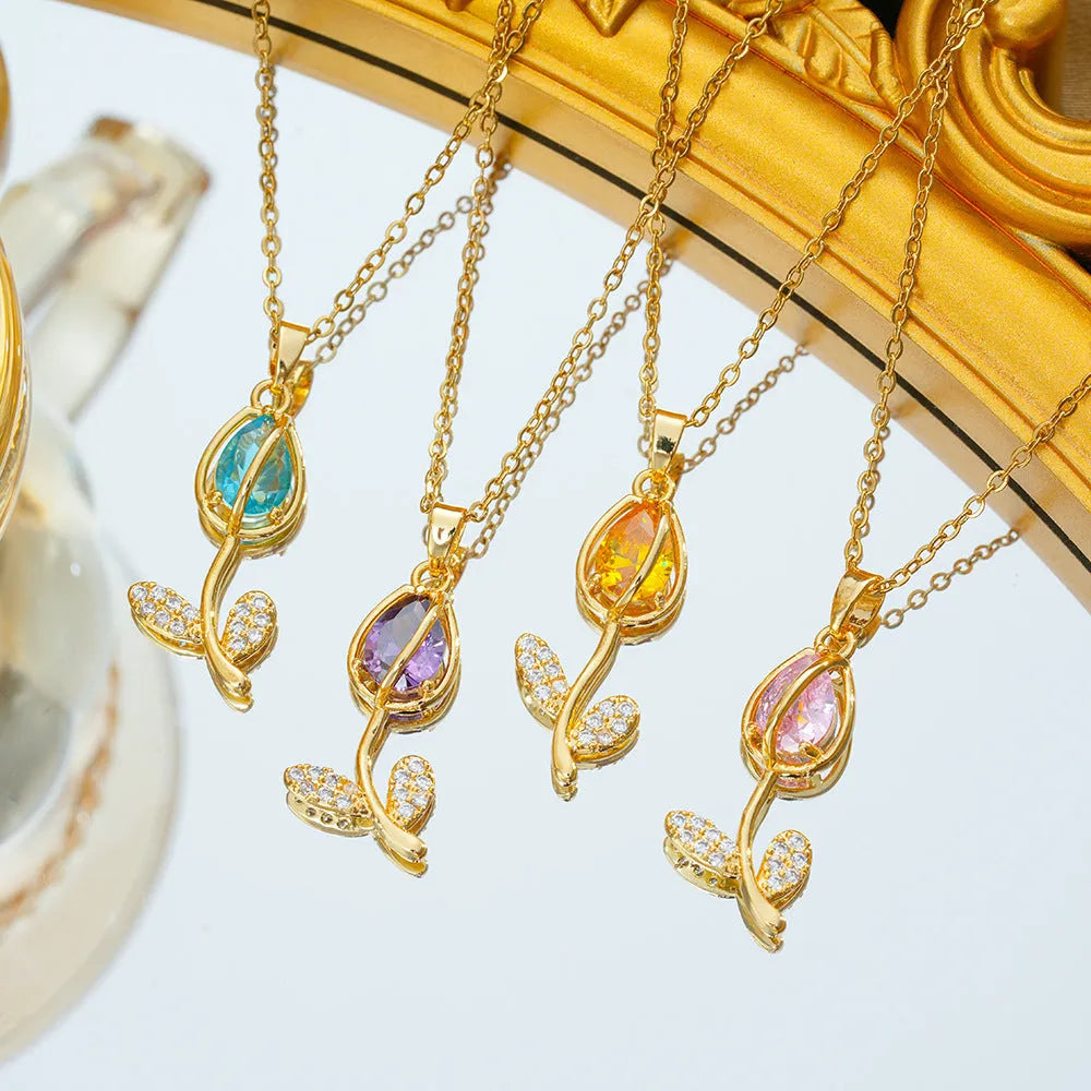 Zircon tulip flower necklace for women in gold colour on adjustable titanium steel chain.
