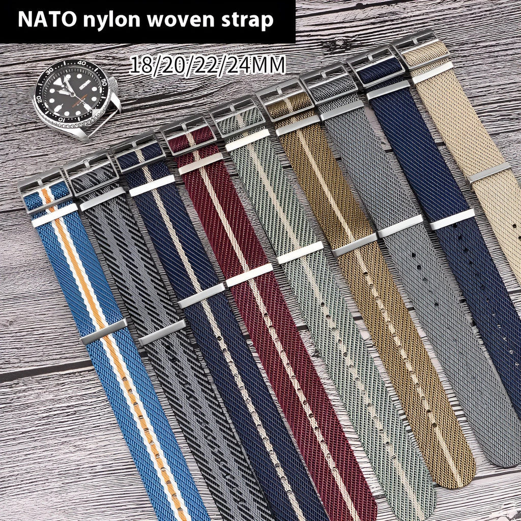 Nylon woven canvas watch strap with silver buckle in blue white colour, 22mm width on a watch