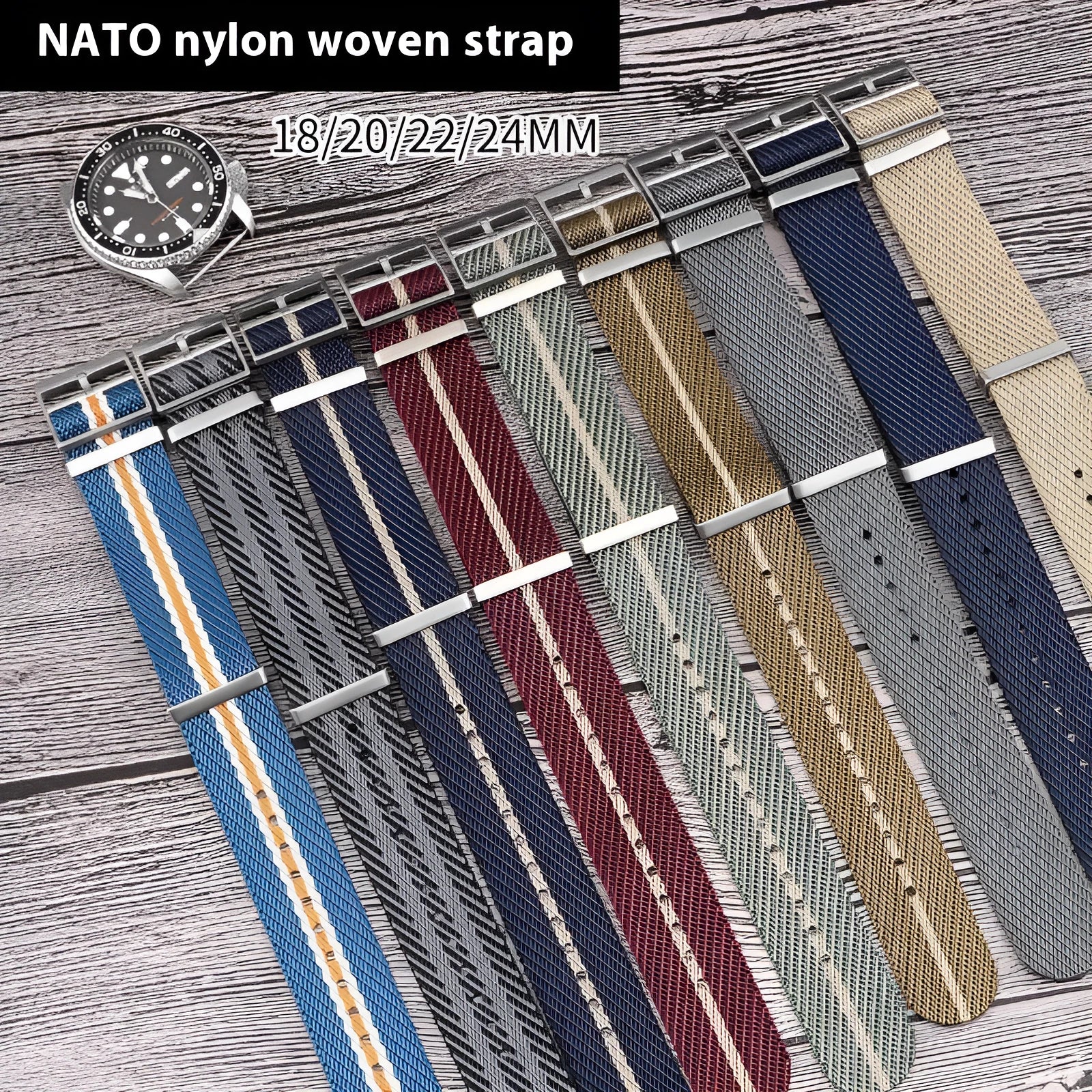 Nylon woven canvas watch strap with silver buckle in blue white colour, 22mm width on a watch