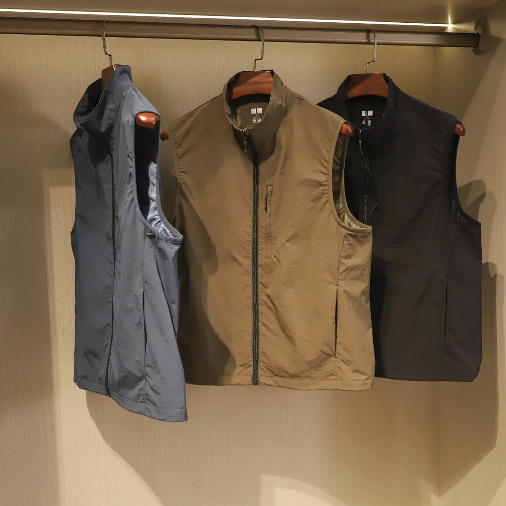 Men's thin nylon quick-drying vest in Army Green with side pockets and a straight cardigan cut.