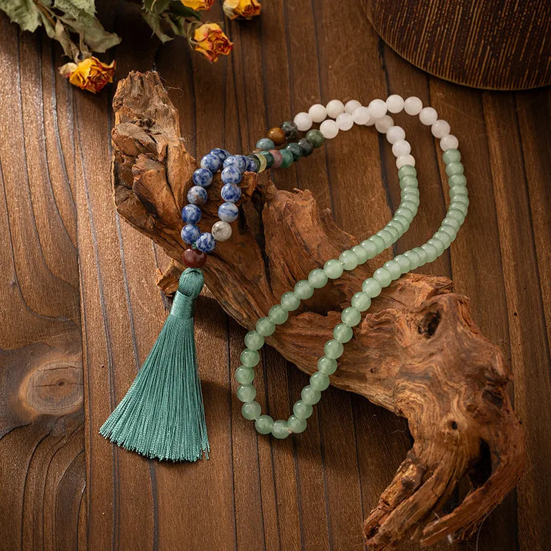 Bohemian vintage necklace and bracelet set with geometric round stone beads in electroplated finish