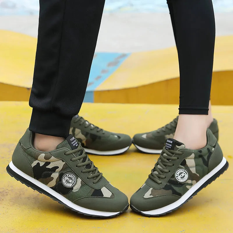 Camouflage pattern suede low-top running shoes with mesh lining on a flat foam sole.