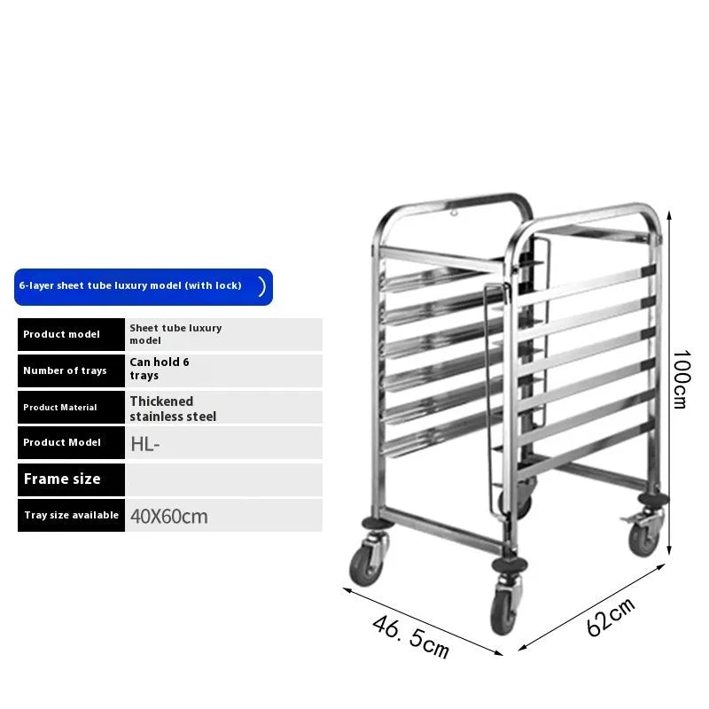 Stainless steel six-layer baking tray rack with lock mechanism for commercial kitchens