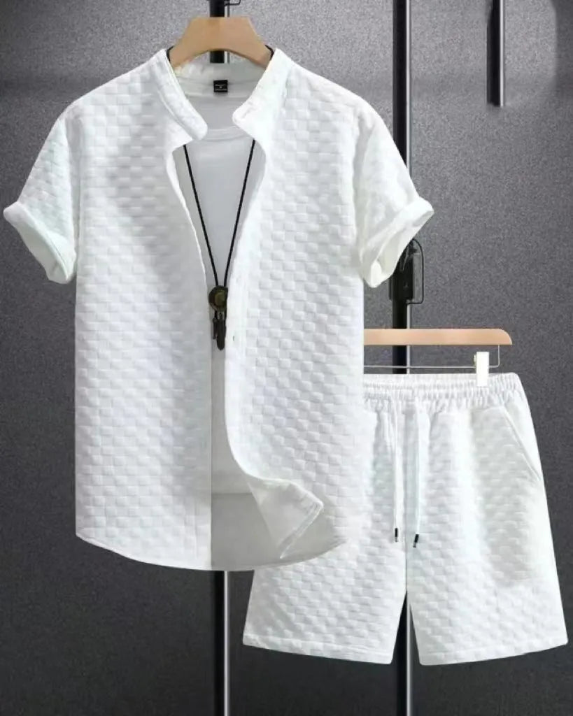 Men's jacquard suit shorts set with short sleeve top and matching trousers in solid colour