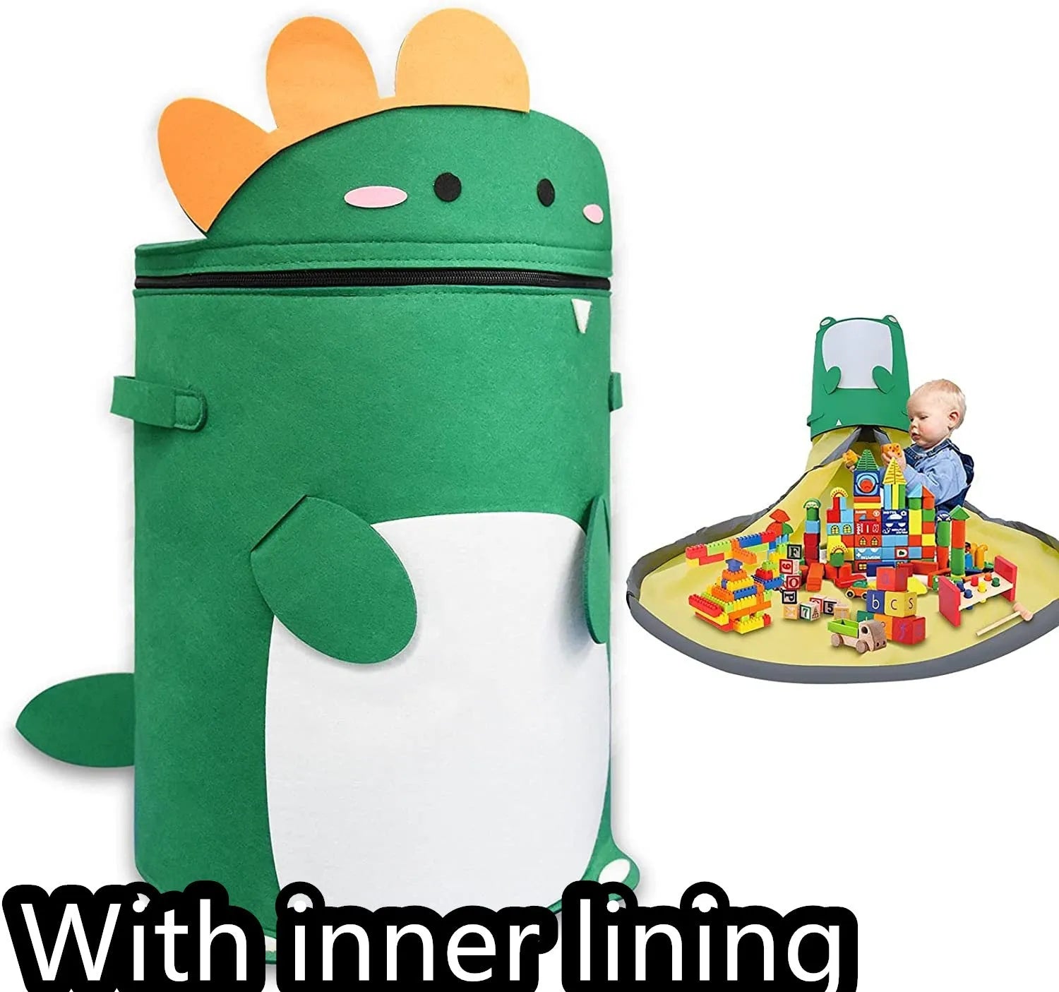 Green felt cube storage bag with pull rope open as a floor play mat for toys.