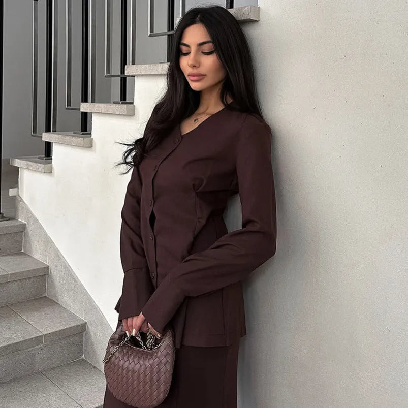 Women's fall suit V-neck slim fit waist long sleeve dress set in solid colour polyester, black