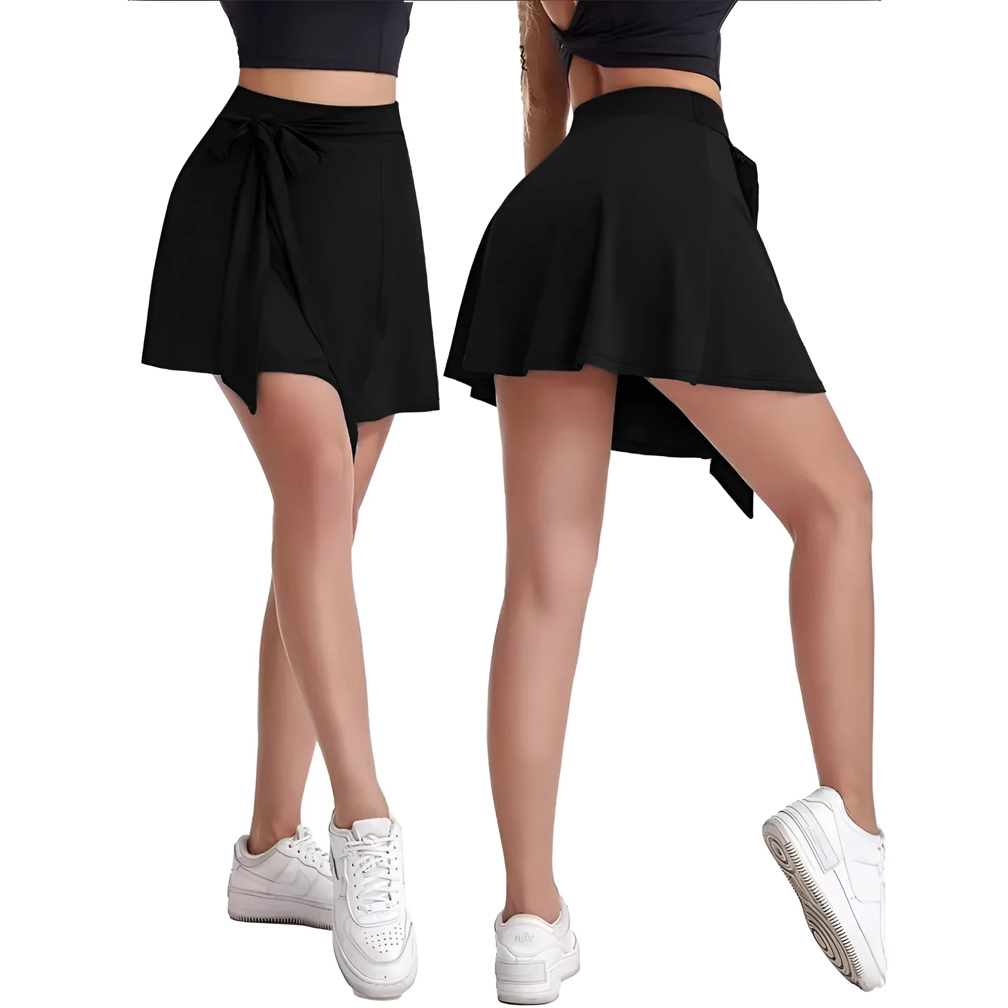 Black thigh-length sports skirt with built-in shorts, elastic high waist, and shoulder strap
